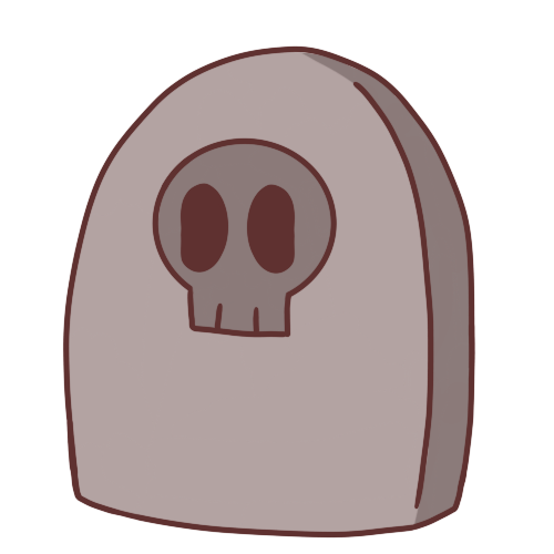 A drawing of a tombstone with a skull on it